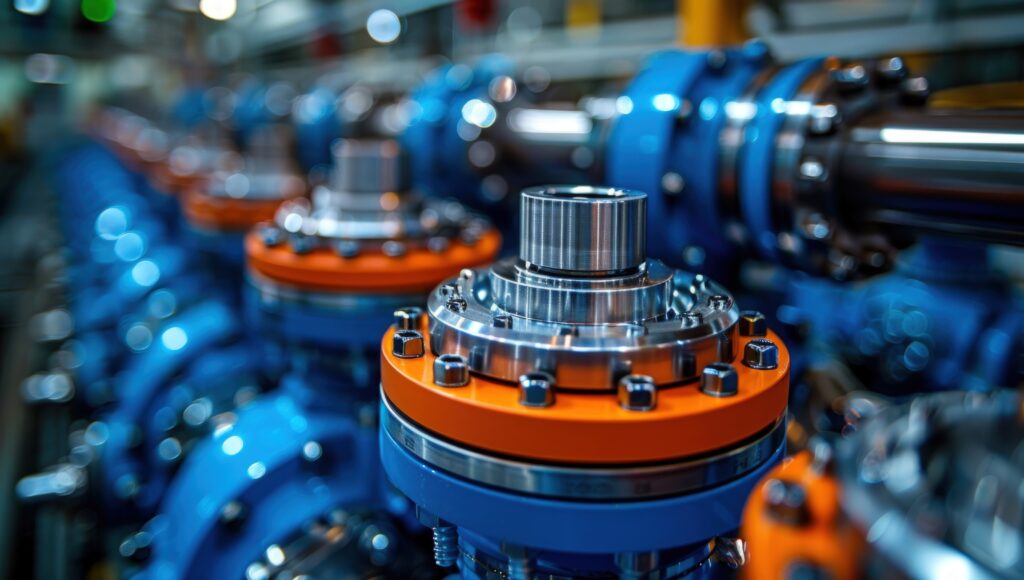 Close-up of industrial machinery with repeating blue and orange mechanical components. The metal cylinders are bolted together with a repeating pattern. The image provides a glimpse into a manufacturing facility. The shiny metal and vibrant colors give it a modern, almost futuristic, feel. This image could be used to illustrate topics related to engineering, automation, or industrial manufacturing. It can also be used as an abstract or textured background.