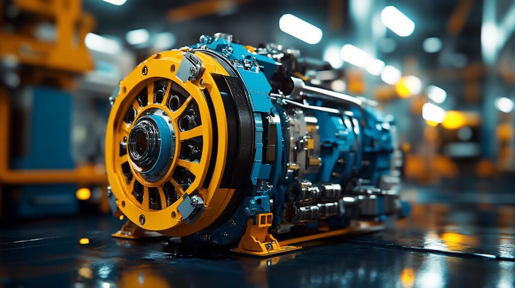Close-up of a complex, industrial machine component, showcasing intricate details and vibrant blue and yellow colors.