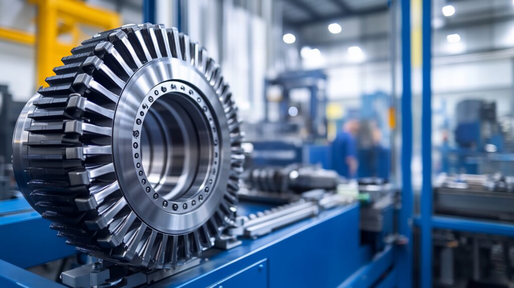 Close-up of a large industrial gear in a factory setting.